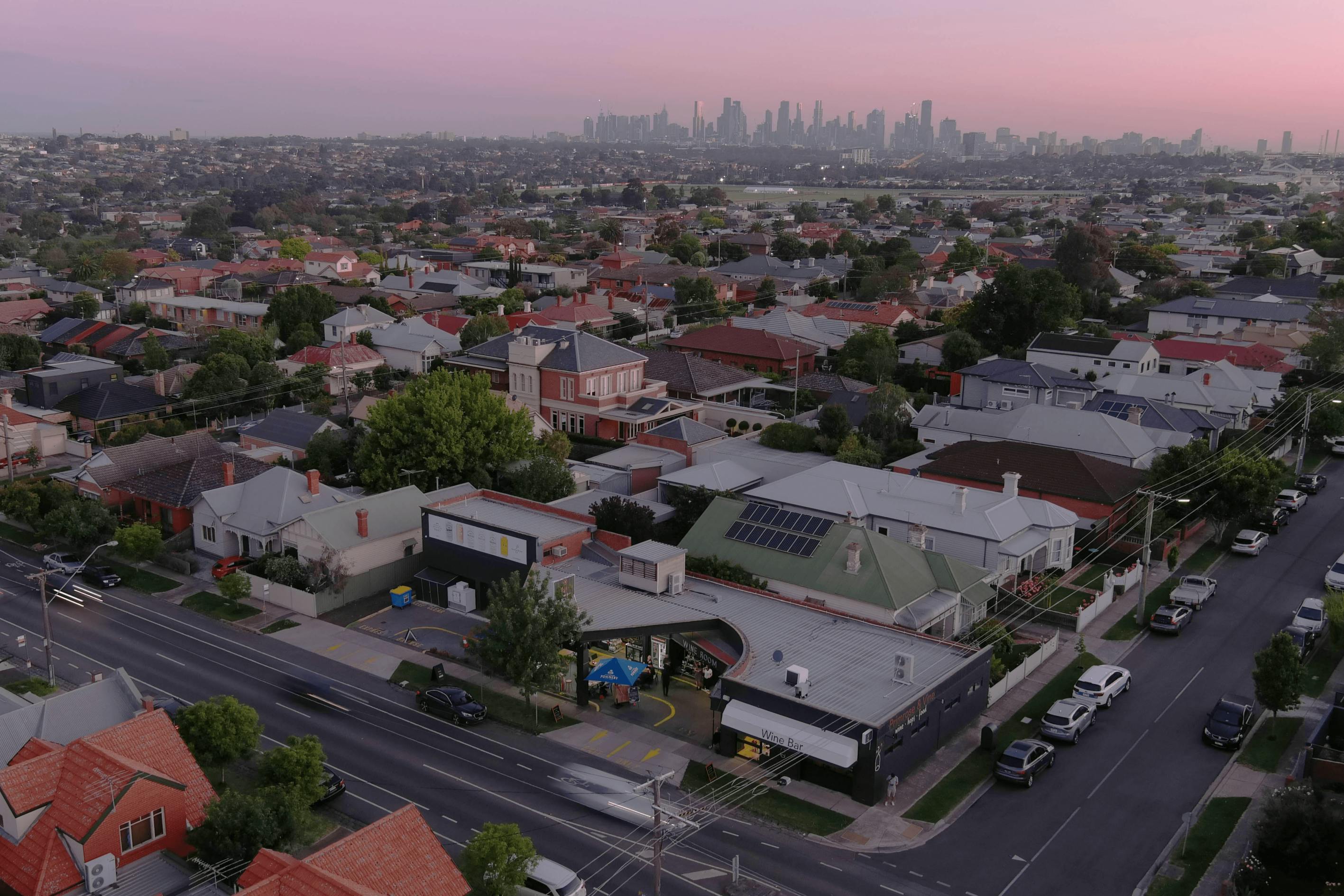 A sky-high view of Essendon with the CBD in the background.